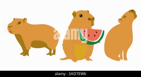 Set of capybaras isolated, flat design, cartoon, cute pet animal Stock Vector