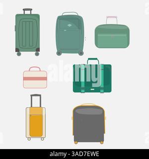 Set of suitcases, luggage, baggage and bags isolated, flat vector  cartoon style Stock Vector