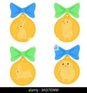 Set of bunny medals yellow isolated with blue and green ribbons flat design. Stock Vector