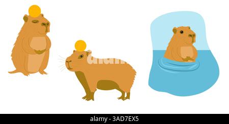 Adorable vector illustration of capybaras in a relaxing hot spring. capybara has closed eyes with an orange resting on its head, enjoying the warmth. Stock Vector