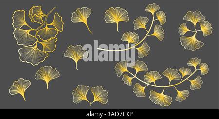 Set of gingko leaves isolated, line art, element for design, golden color. Stock Vector