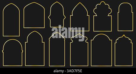 Set of golden line shape islamic window, doors Stock Vector