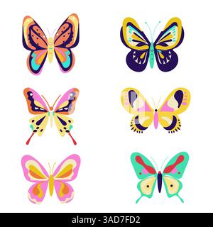 Trendy groovy butterfly set isolated, bright color, for stickers, element design Stock Vector