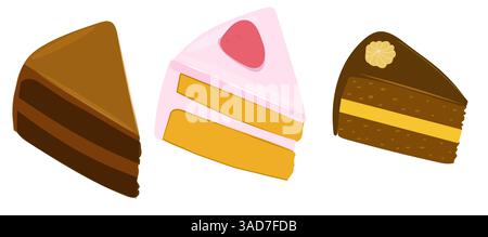 Set of pieces of cakes, isolated flat design, chocolate cakes, fruit cake with strawberry Stock Vector