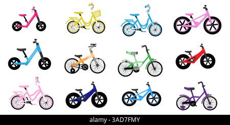 Set of bicycles, bikes isolated for boys and girls, teenagers, children, kids Stock Vector