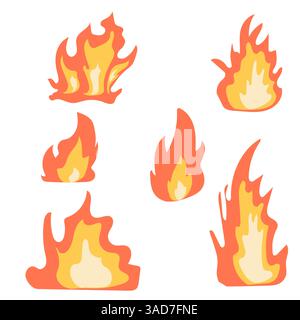 Set of red and orange fire flame, flaming element. Isolated vector illustration in flat style Stock Vector