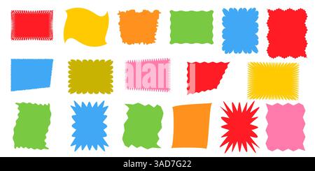 Squiggle stories frames set. Jaggered edges, retro scallop frames, psychedelic forms, groovy shapes set Stock Vector