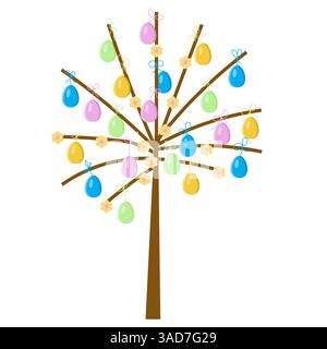 Spring tree decorated with colored eggs, isolated flat design for Easter Stock Vector