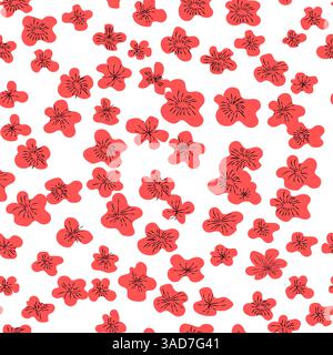 Seamless abstract  pattern with red flowers, wrapping paper, hand drawing, flat design Stock Vector