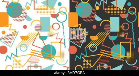 Memphis seamless patterns with simple geometric shapes with yellow, orange, green, red colors on the white and black background Stock Vector