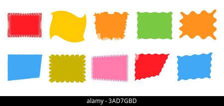 Squiggle stories frames set. Jaggered edges, retro scallop frames, psychedelic forms, groovy shapes set Stock Vector