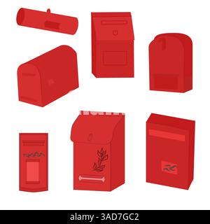 Set of red postboxes isolated, mailboxes flat design Stock Vector
