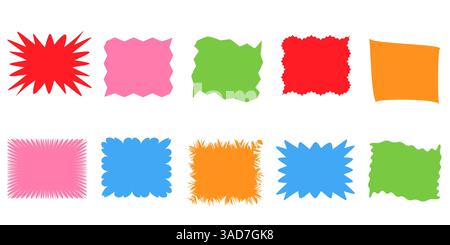 Squiggle stories frames set. Jaggered edges, retro scallop frames, psychedelic forms, groovy shapes set Stock Vector