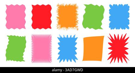 Squiggle stories frames set. Jaggered edges, retro scallop frames, psychedelic forms, groovy shapes set Stock Vector