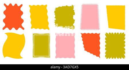 Squiggle stories frames set. Jaggered edges, retro scallop frames, psychedelic forms, groovy shapes set Stock Vector