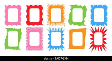 Squiggle stories frames set. Jaggered edges, retro scallop frames, psychedelic rectangles, photo frames, groovy shapes set Stock Vector
