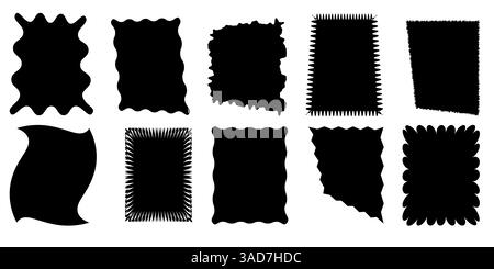 Squiggle stories frames set. Jaggered edges, retro scallop frames, psychedelic forms, groovy shapes set Stock Vector