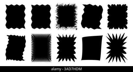Squiggle stories frames set. Jaggered edges, retro scallop frames, psychedelic forms, groovy shapes set Stock Vector