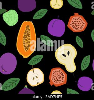 Seampless pattern fruits. Vector cartoon flat set. Pear, plum. pomegranate,  papaya Stock Vector