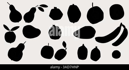 Set of black silouette of different fruits banana, plum, apple, pear, avocado, pomegranade, fig Stock Vector