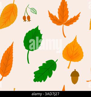 Seamless pattern with bright autumn leaves. Oak, maple, birch leaf green, orange and yellow colors Stock Vector