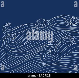 Line wave in art-nouveau style in the white color on the blue background. Stock Vector