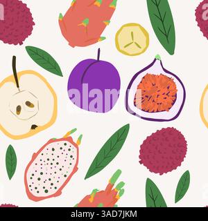 Seampless pattern fruits. Vector cartoon flat set. Lychee, plum. apple,  fig Stock Vector