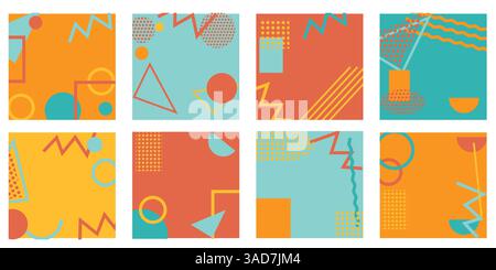 Set of memphis style flyers.Bright templates with geometric shapes with trendy memphis fashion 80s-90s. Perfect for ad, invitation, presentation Stock Vector