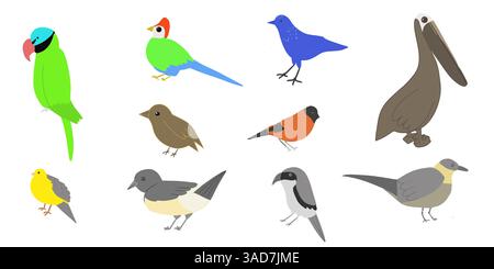 Set of  birds. Vector cartoon illustration in childish style. Different birds. Images are isolated on white. Stock Vector