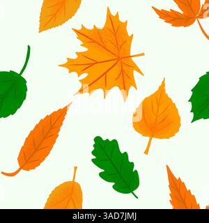 Seamless pattern with bright autumn leaves. Oak, maple, birch leaf green, orange and yellow colors Stock Vector