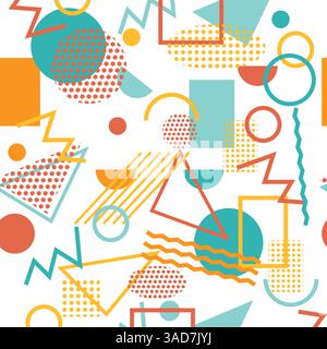 Memphis seamless pattern with simple geometric shapes with yellow, orange, green, red colors Stock Vector