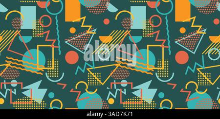 Memphis seamless pattern with simple geometric shapes with yellow, orange, green, red colors Stock Vector