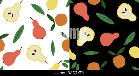 Set of seamless patterns with pears and apple on the white and black background. Flat design. Stock Vector