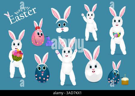 A festive set of anthropomorphic, characters - white Easter bunnies and boy and girl Easter egg holding ornate Easter eggs, spring flowers tulip Stock Vector