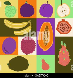 Set of exotic fruits isolated, flat design with bright color Stock Vector