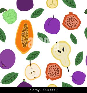 Seampless pattern fruits. Vector cartoon flat set. Pear, plum. apple,  passionfruit Stock Vector
