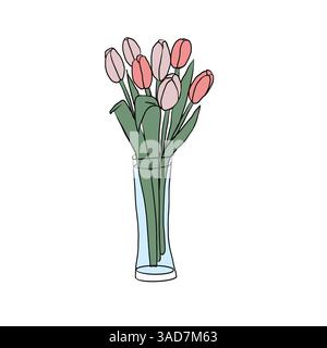 Pink tulips in the vase, blooming flowers colored. Stock Vector