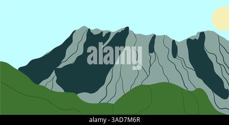 Doodle with landsape with mountains. Graphic modern posters. Adventure tourism and travel sketch. Stock Vector