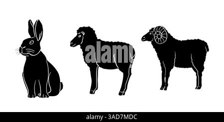 Rabbit, ram, sheep linocut isolated, black and white animals. Stock Vector
