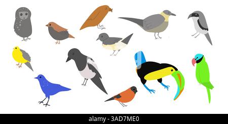 Set of  birds. Vector cartoon illustration in childish style. Different birds. Images are isolated on white. Stock Vector
