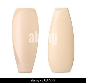 Blank bottles of personal care products isolated on white. Mockup for design Stock Photo