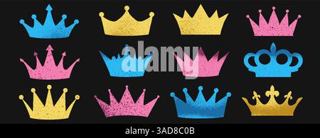 Colourful crown collage with cutout king and queen designs. Torn retro paper scraps with pink, blue, yellow doodles, punk patterns, and Y2K textures Stock Vector