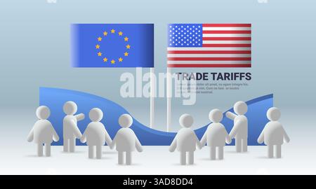 EU USA trade war concept with figures flags of European Union and United States people discussing tariffs blue gradient background website design Stock Vector