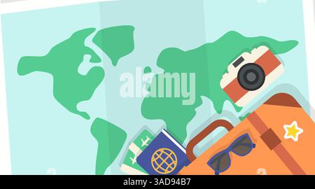 Flat Travel Concept with World Map, Passport, Suitcase, Camera and Vacation Elements – Vector Illustration Stock Vector