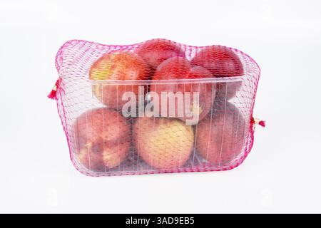 Plastic container of nectarines covered with red mesh in supermarket. Fresh juicy nectarines in plastic package to sell at farmer market isolated on w Stock Photo