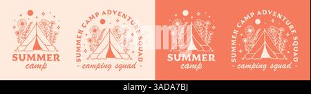 Summer camp camping adventure squad crew camper badge logo shirt design bundle pack floral tent retro orange preppy aesthetic besties girls trip. Stock Vector