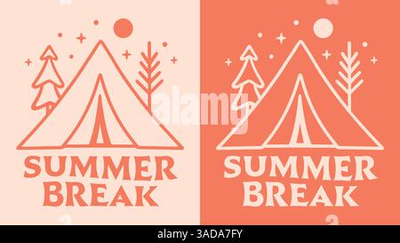 Summer break camping orange retro vintage aesthetic cute groovy forest tent illustration for girls school trip camp animator counselor shirt design. Stock Vector