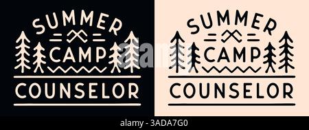 Summer camp counselor badge shirt design camping emblem logo forest lake retro vintage aesthetic black printable text for scout trip animator. Stock Vector