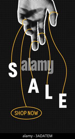 A creative halftone-style illustration of a hand controlling SALE letters like a puppet, with a bold Shop Now call to action. . Stock Vector