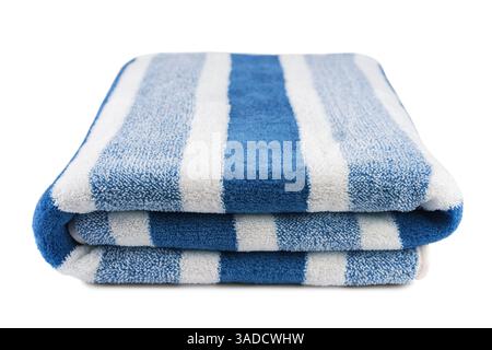 Carefully folded soft striped bath blue towel isolated on white background. Terry cloth, striped pattern towel texture, cotton bath textile or microfi Stock Photo